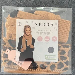 Serra Ladies 3-Piece Headband, Gloves & Scarf Set — Camel and Black Leopard